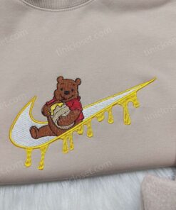 Winnie The Pooh Bear Eating Honey Embroidered Sweatshirt, Pooh Bear Honey Drip Swoosh Hoodie, Disney Custom Shirt (2)