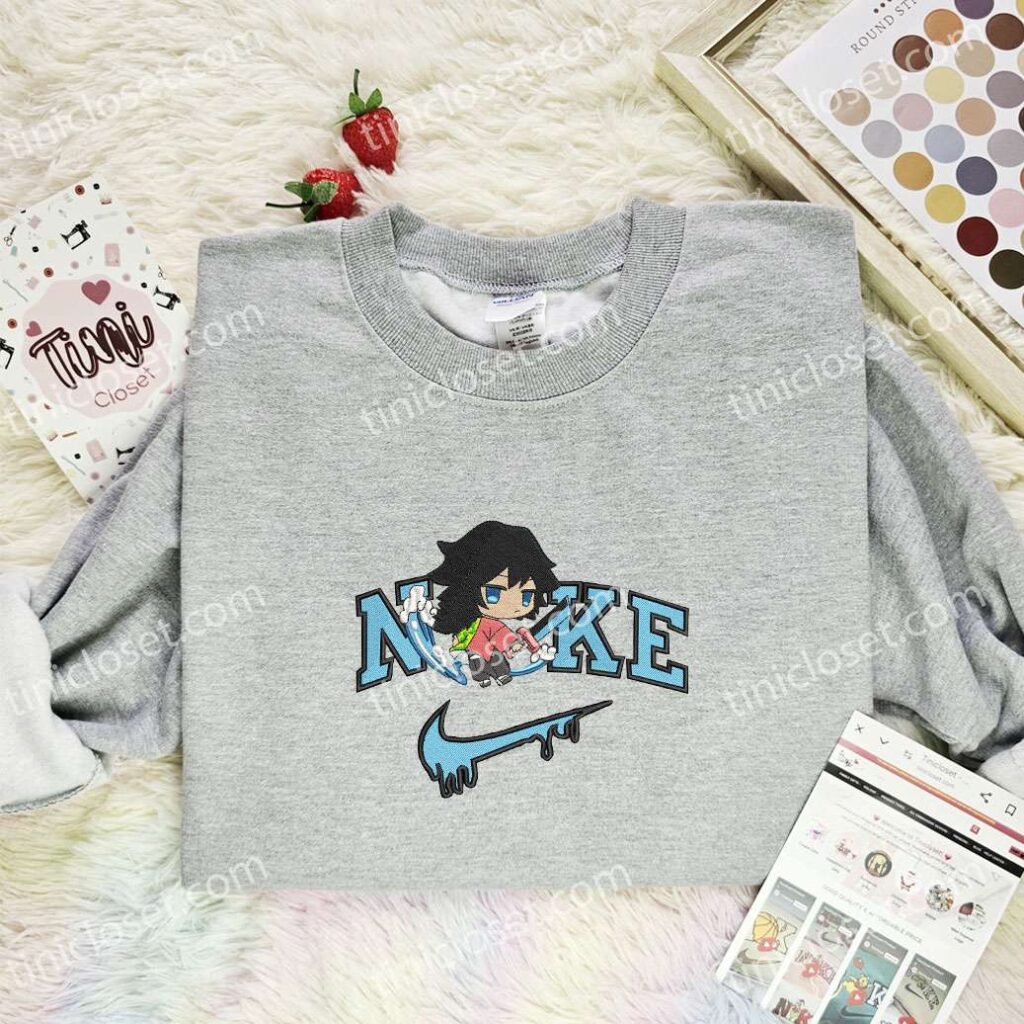 Chibi Giyu Tomioka Embroidered Shirt, Demon Slayer Embroidered Hoodie, Anime Embroidered T-Shirt
