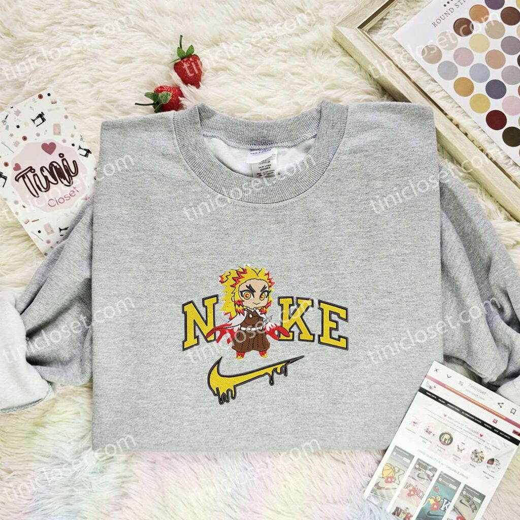 Chibi Rengoku Embroidered Shirt, Demon Slayer Embroidered Hoodie, Anime Embroidered T-Shirt