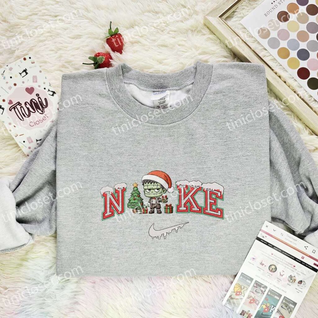 Frankenstein Monster Xmas Embroidered Shirt, Halloween Embroidered Hoodie, Christmas Embroidered T-Shirt