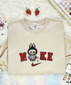 Labubu Skeleton Embroidered Shirt, Art Toy Embroidered Hoodie, Halloween Embroidered Sweatshirt (1)