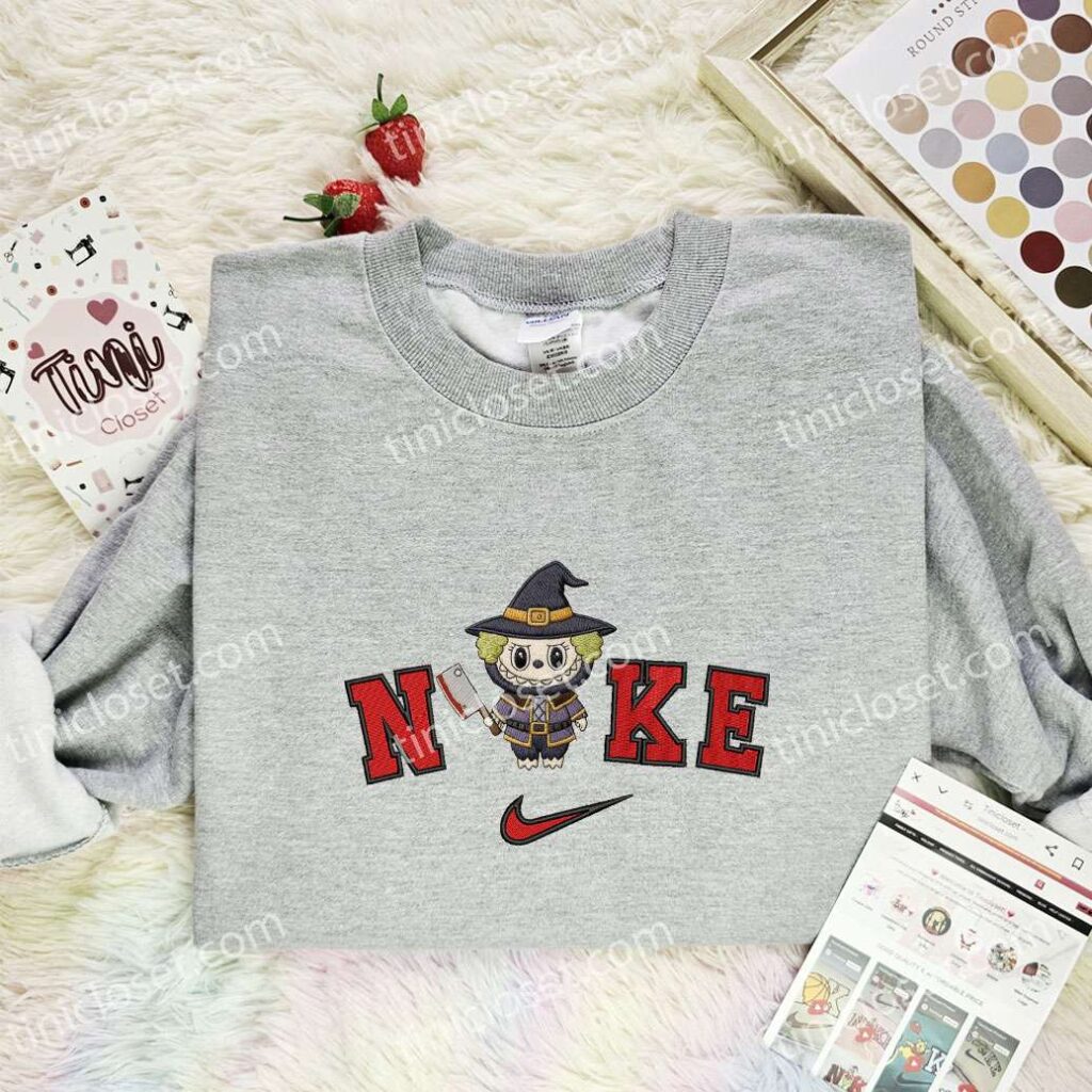 Labubu Witch Embroidered Shirt, Art Toy Embroidered Hoodie, Halloween Embroidered Sweatshirt