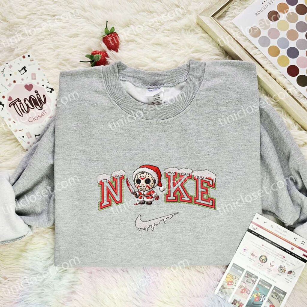 Jason Voorhees Xmas Embroidered Shirt, Halloween Embroidered Hoodie, Christmas Embroidered T-Shirt