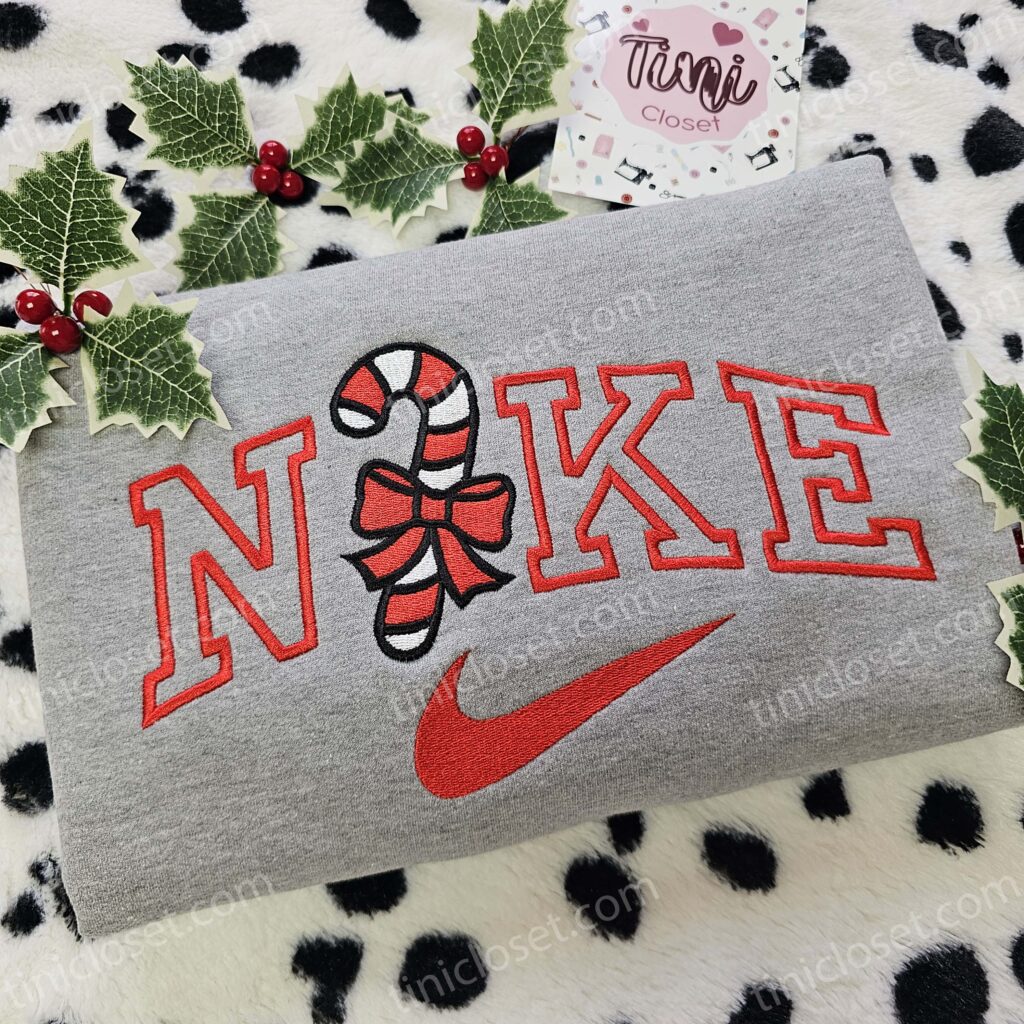 Candy Cane Bow Christmas Embroidered Shirt, Christmas Embroidered Sweatshirt, Unique Christmas Gift Ideas