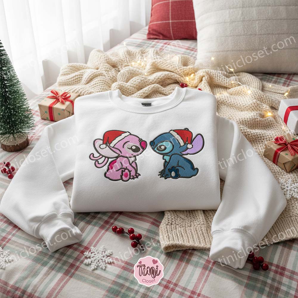 Stitch and Angel Christmas Couple Embroidered Hoodie, Matching Santa Hat Disney Sweatshirt, Festive Ohana Love Crewneck, Gift for Him Her Stitch and Angel Christmas Couple Embroidered Hoodie, Matching Santa Hat Disney Sweatshirt, Festive Ohana Love Crewneck, Gift for Him Her