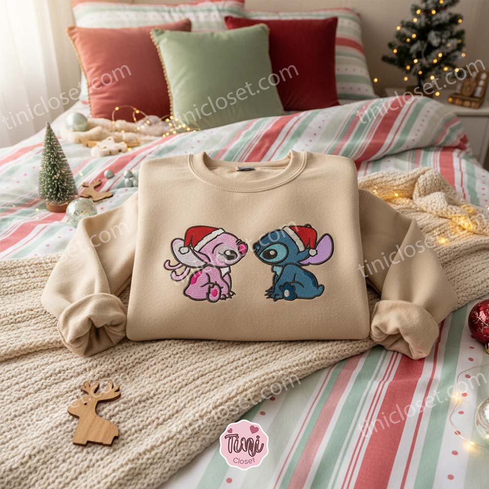 Stitch and Angel Christmas Couple Embroidered Hoodie, Matching Santa Hat Disney Sweatshirt, Festive Ohana Love Crewneck, Gift for Him Her Stitch and Angel Christmas Couple Embroidered Hoodie, Matching Santa Hat Disney Sweatshirt, Festive Ohana Love Crewneck, Gift for Him Her