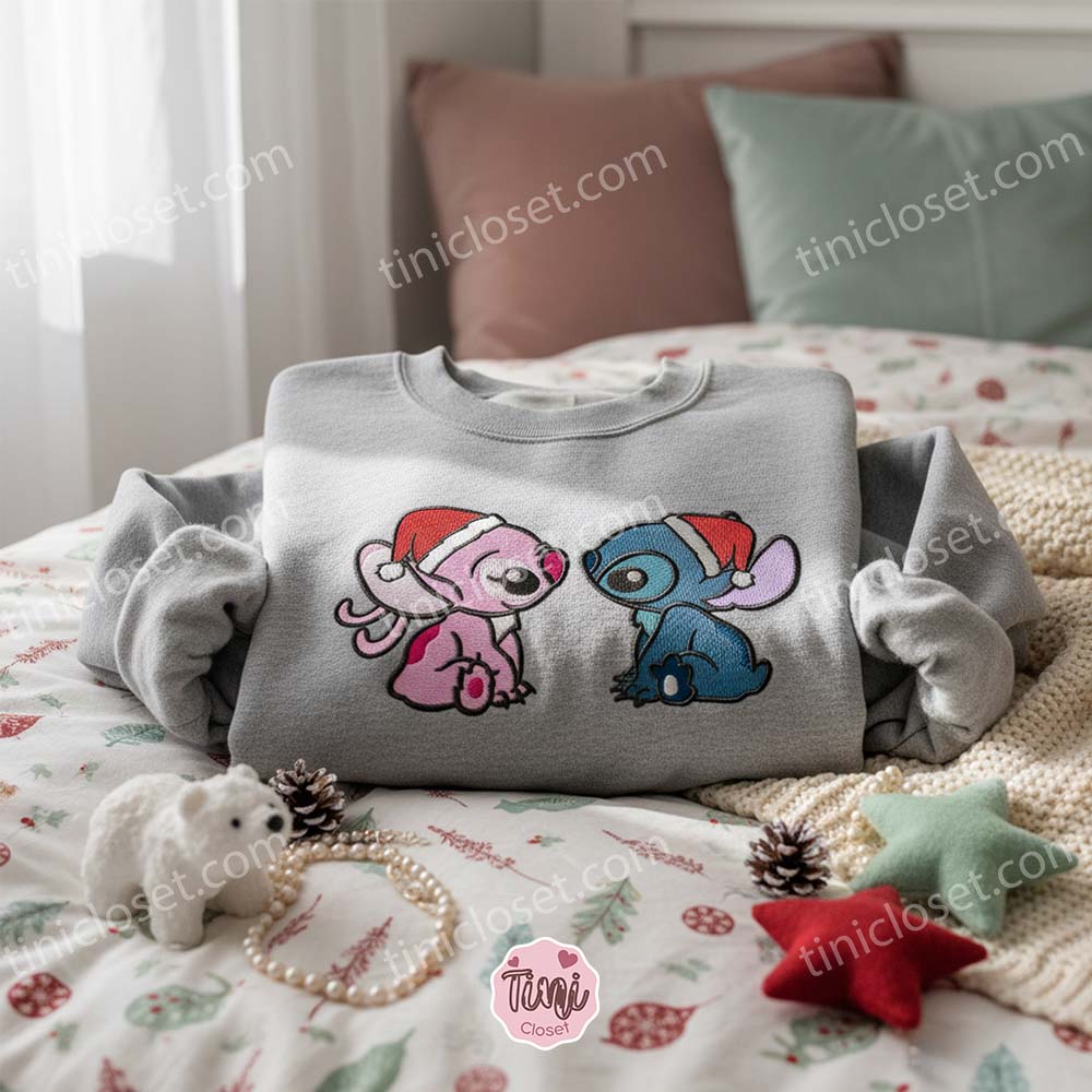 Stitch and Angel Christmas Couple Embroidered Hoodie, Matching Santa Hat Disney Sweatshirt, Festive Ohana Love Crewneck, Gift for Him Her Stitch and Angel Christmas Couple Embroidered Hoodie, Matching Santa Hat Disney Sweatshirt, Festive Ohana Love Crewneck, Gift for Him Her