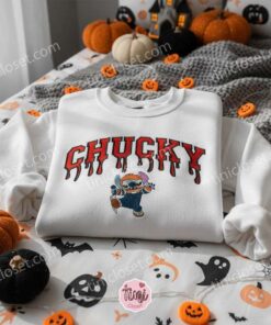 Stitch as Chucky Child’s Play Embroidered Sweatshirt, Horror Movie Mashup Stitch Hoodie, Custom Spooky Disney Shirt, Gift for Him Her