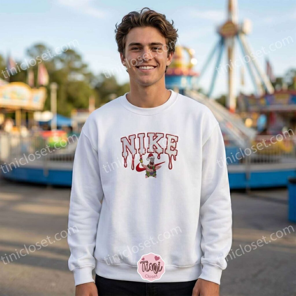 Xmas Patrick Star Embroidered Sweatshirt, SpongeBob SquarePants Cartoon Embroidered Sweatshirt, Christmas Gift for Family