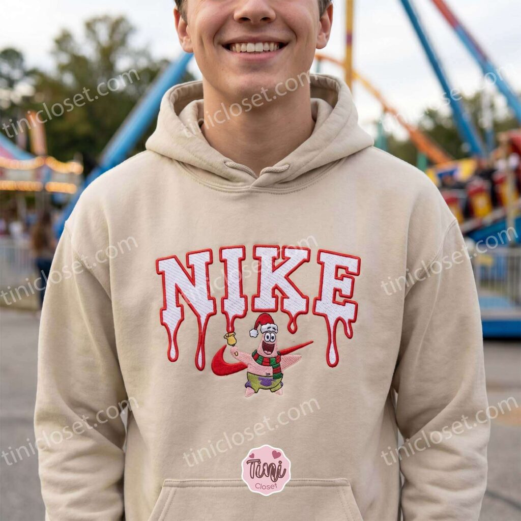 Xmas Patrick Star Embroidered Sweatshirt, SpongeBob SquarePants Cartoon Embroidered Sweatshirt, Christmas Gift for Family