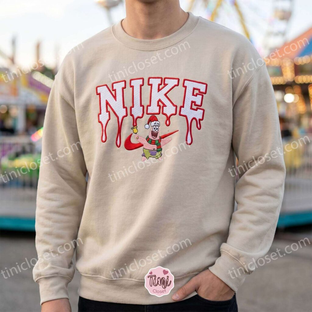 Xmas Patrick Star Embroidered Sweatshirt, SpongeBob SquarePants Cartoon Embroidered Sweatshirt, Christmas Gift for Family