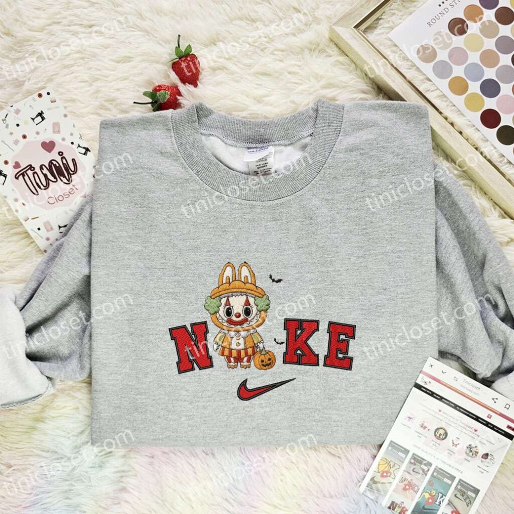 Labubu Pumpkin Clown Embroidered Shirt, Art Toy Embroidered Hoodie, Halloween Embroidered Sweatshirt