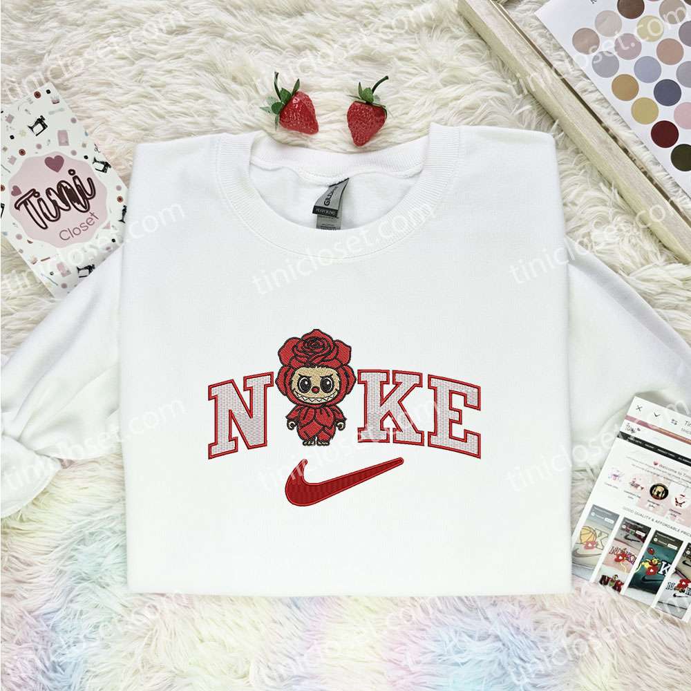 Labubu Rose Embroidered Shirt, Art Toy Embroidered Hoodie, Halloween Embroidered T-Shirt