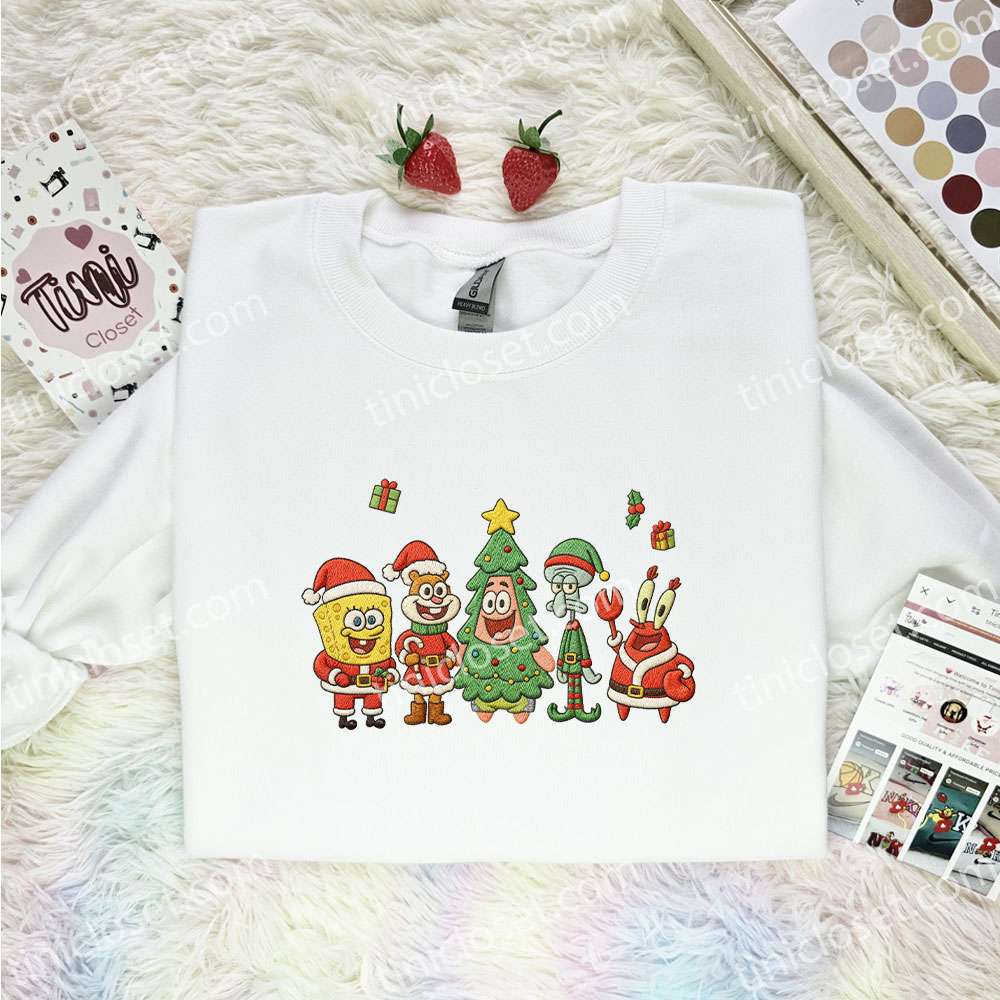 Spongebob Squarepants Xmas Team Embroidered Shirt, Cartoon Embroidered Hoodie, Best Christmas Gift Spongebob Squarepants Xmas Team Embroidered Shirt, Cartoon Embroidered Hoodie, Best Christmas Gift