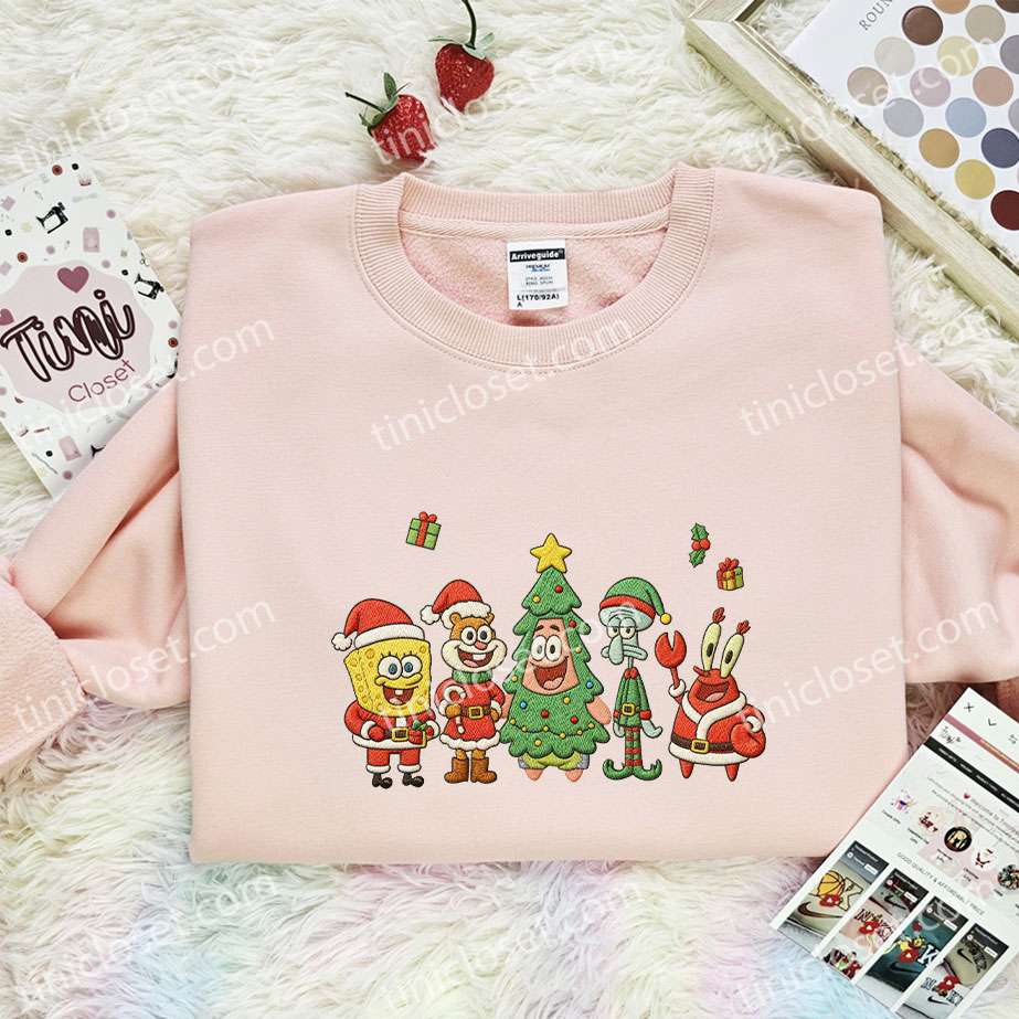 Spongebob Squarepants Xmas Team Embroidered Shirt, Cartoon Embroidered Hoodie, Best Christmas Gift Spongebob Squarepants Xmas Team Embroidered Shirt, Cartoon Embroidered Hoodie, Best Christmas Gift