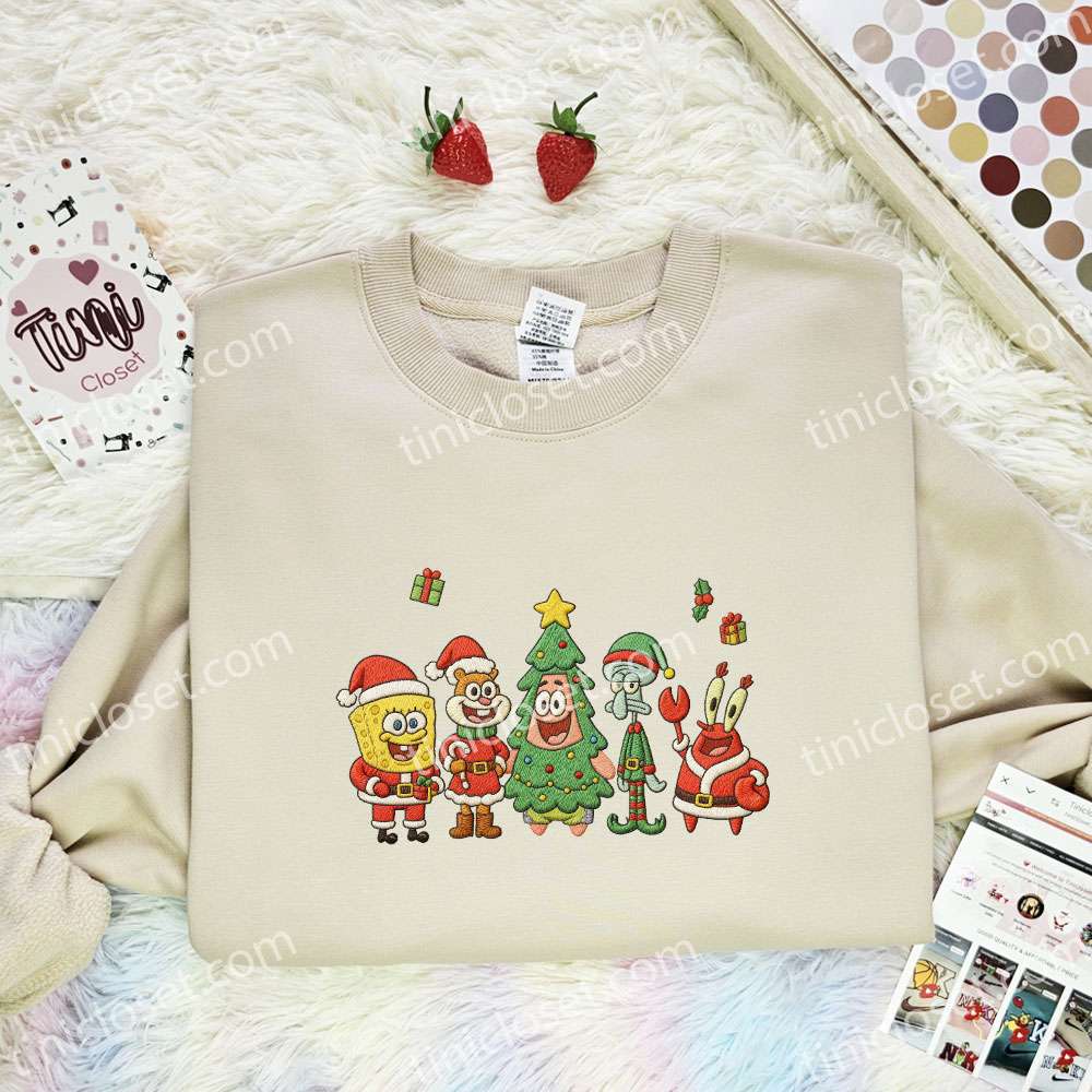Spongebob Squarepants Xmas Team Embroidered Shirt, Cartoon Embroidered Hoodie, Best Christmas Gift Spongebob Squarepants Xmas Team Embroidered Shirt, Cartoon Embroidered Hoodie, Best Christmas Gift