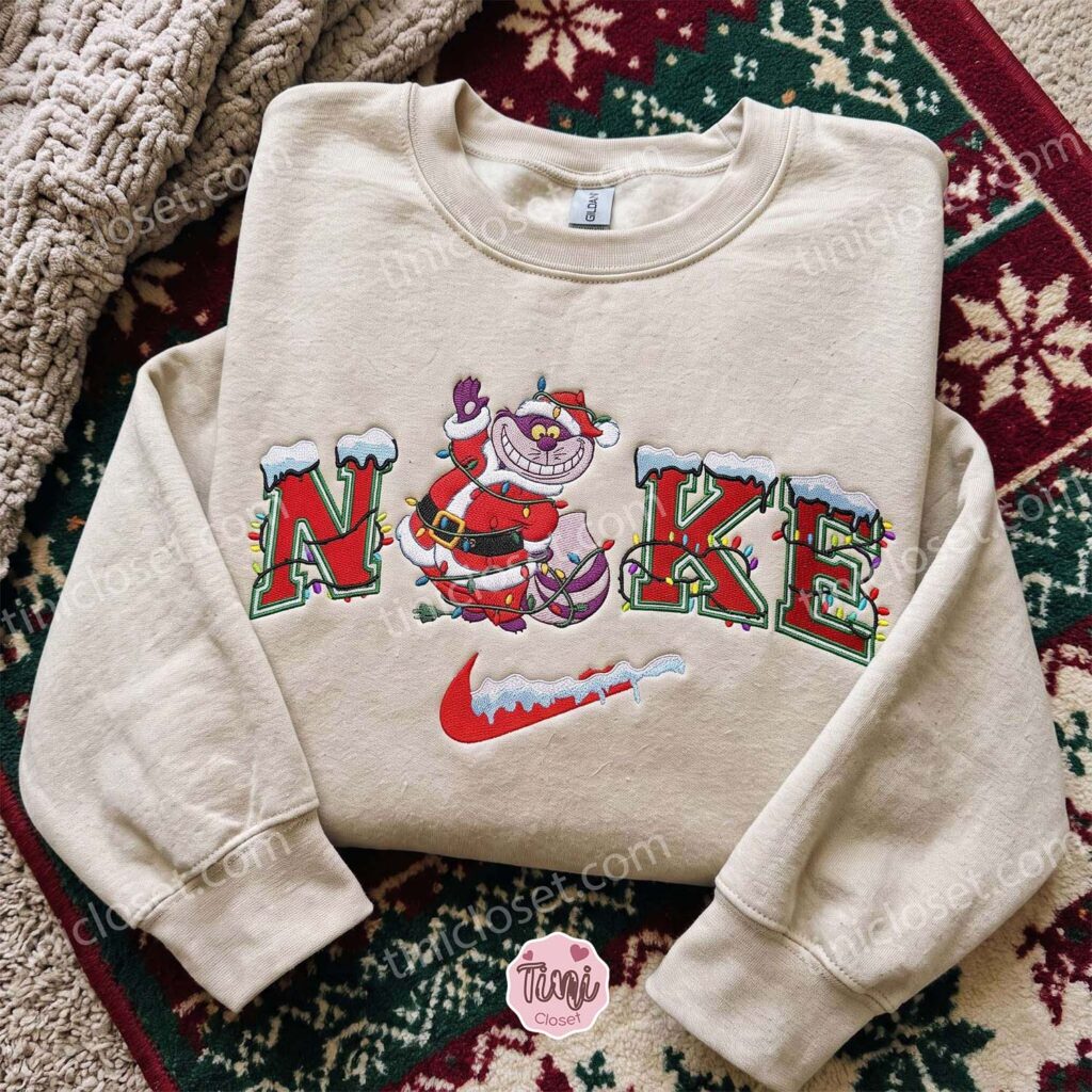 Cheshire Cat Santa Embroidered Shirt, Alice in Wonderland Embroidered Sweatshirt, Disney Characters Embroidered Hoodie, Best Christmas Gift