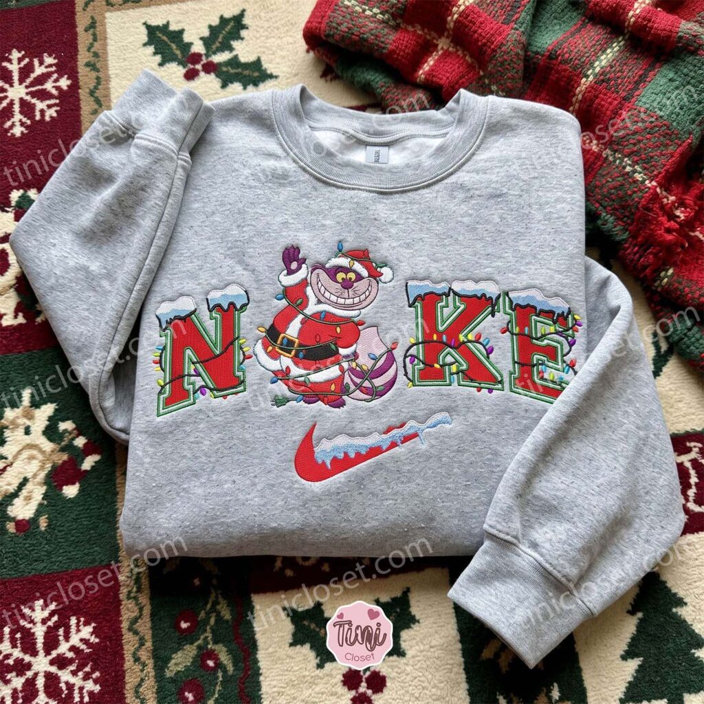 Cheshire Cat Santa Embroidered Shirt, Alice in Wonderland Embroidered Sweatshirt, Disney Characters Embroidered Hoodie, Best Christmas Gift