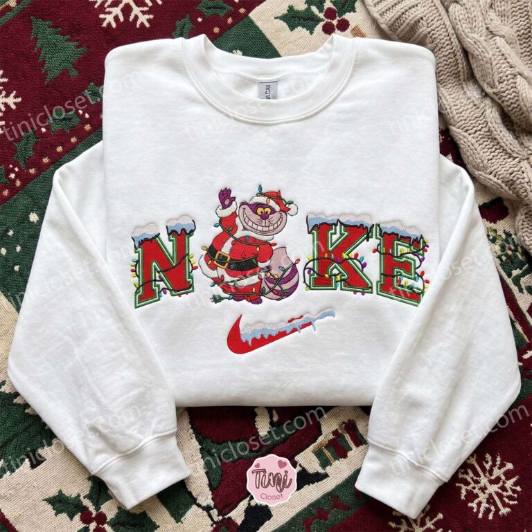 Cheshire Cat Santa Embroidered Shirt, Alice in Wonderland Embroidered Sweatshirt, Disney Characters Embroidered Hoodie, Best Christmas Gift