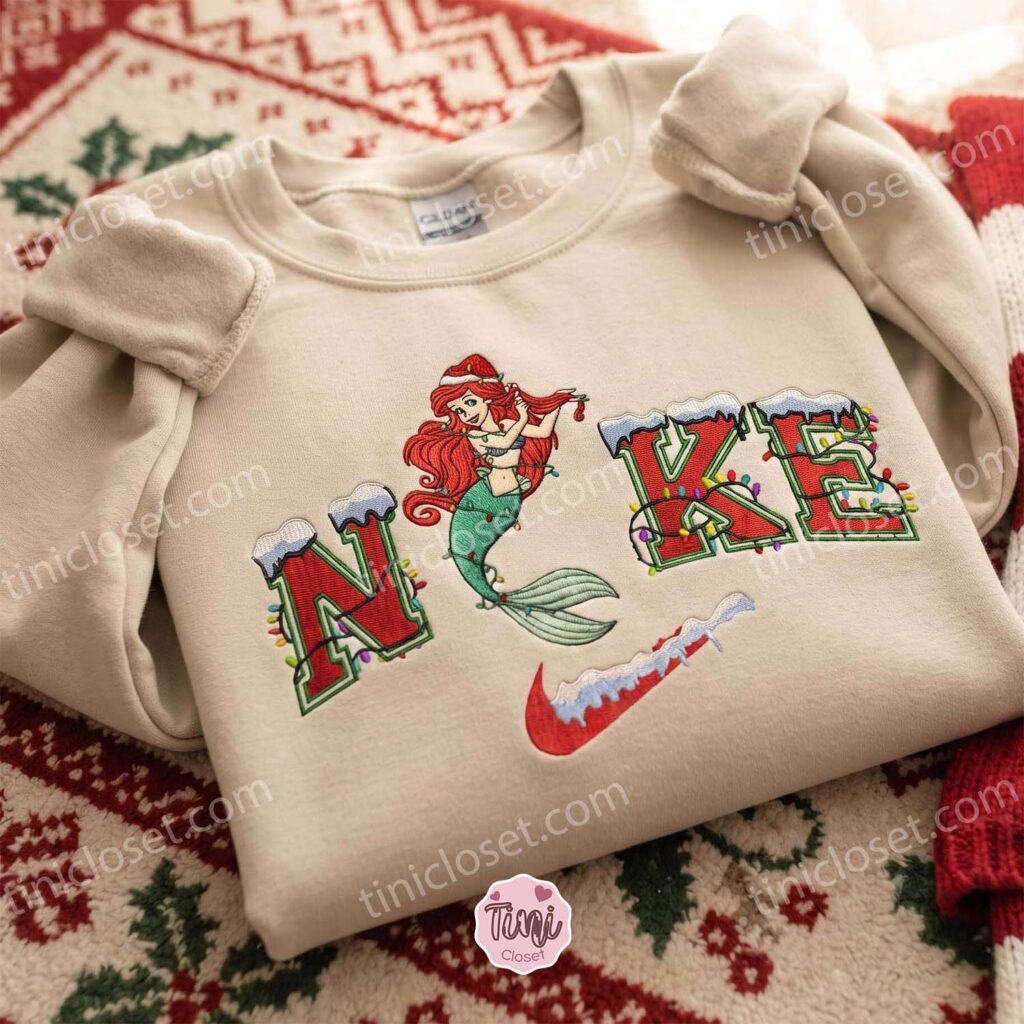 Ariel Christmas Embroidered Shirt, Disney Characters Embroidered Hoodie, Best Christmas Gift