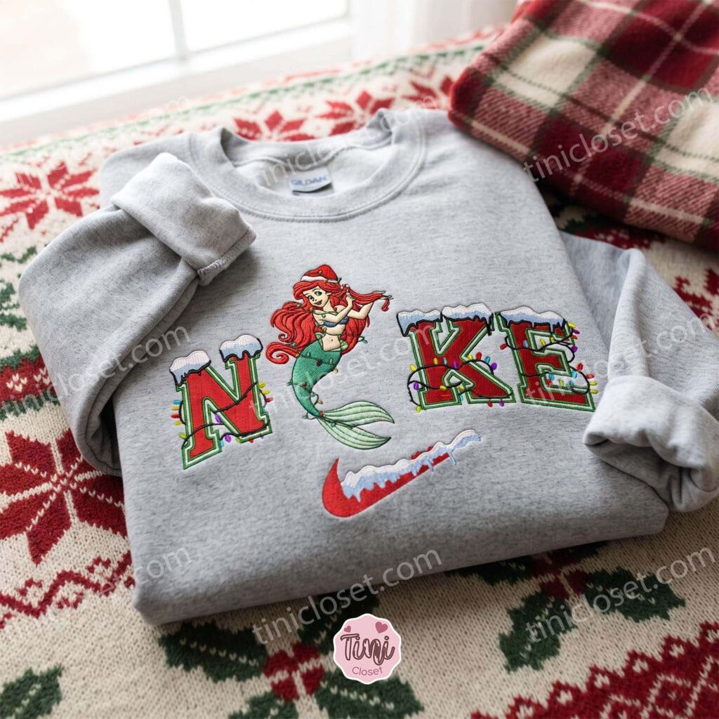 Ariel Christmas Embroidered Shirt, Disney Characters Embroidered Hoodie, Best Christmas Gift