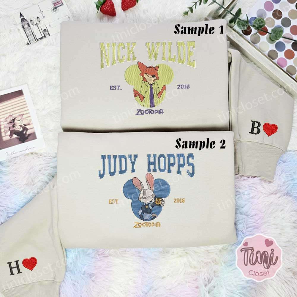 Nick Wilde Judy Hopps Zootopia Embroidered Shirt, Disney Characters Embroidered Hoodie, Couples Embroidered Sweatshirt2