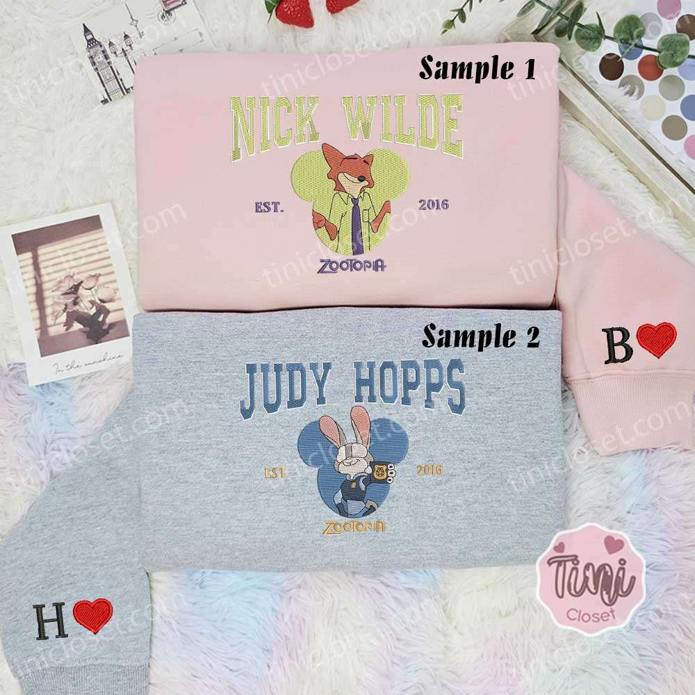 Nick Wilde Judy Hopps Zootopia Embroidered Shirt, Disney Characters Embroidered Hoodie, Couples Embroidered Sweatshirt2