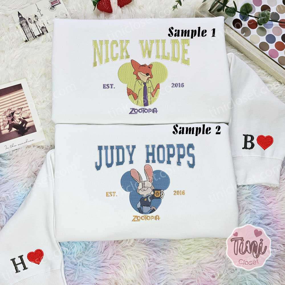 Nick Wilde Judy Hopps Zootopia Embroidered Shirt, Disney Characters Embroidered Hoodie, Couples Embroidered Sweatshirt2
