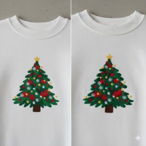 Embroidery (right) feels more cozy than print (left).