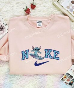 Stitch Surfing Embroidered Shirt, Cartoon Embroidered Hoodie, Disney Characters Embroidered T-Shirt