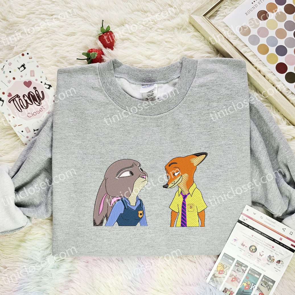 Judy And Nick Embroidered Shirt, Zootopia Movie Embroidered Hoodie, Disney Characters Embroidered T-Shirt Judy And Nick Embroidered Shirt, Zootopia Movie Embroidered Hoodie, Disney Characters Embroidered T-Shirt