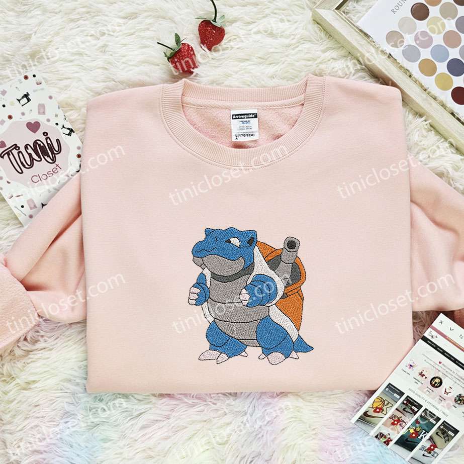 Blastoise Embroidered Shirt, Pokemon Embroidered Hoodie, Anime Embroidered Sweatshirt