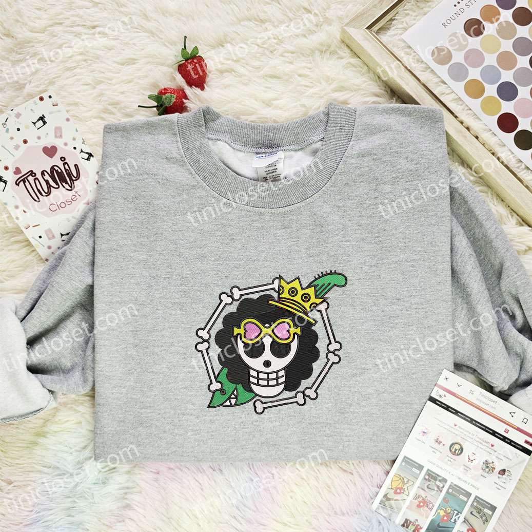Brook Logo Embroidered Shirt, One Piece Embroidered Hoodie, Anime Embroidered Sweatshirt
