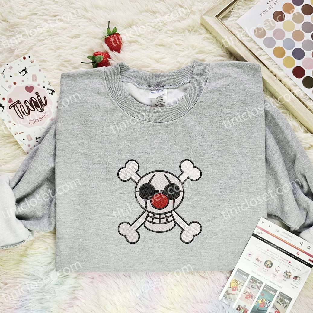 Buggy Jolly Roger Embroidered Shirt, One Piece Embroidered Hoodie, Anime Embroidered Sweatshirt