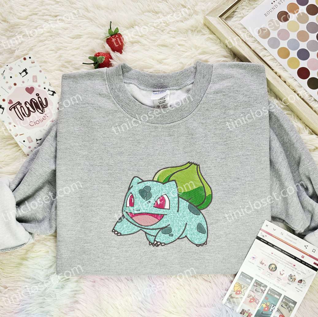 Bulbasaur Embroidered Shirt, Pokemon Embroidered Hoodie, Anime Embroidered T-Shirt