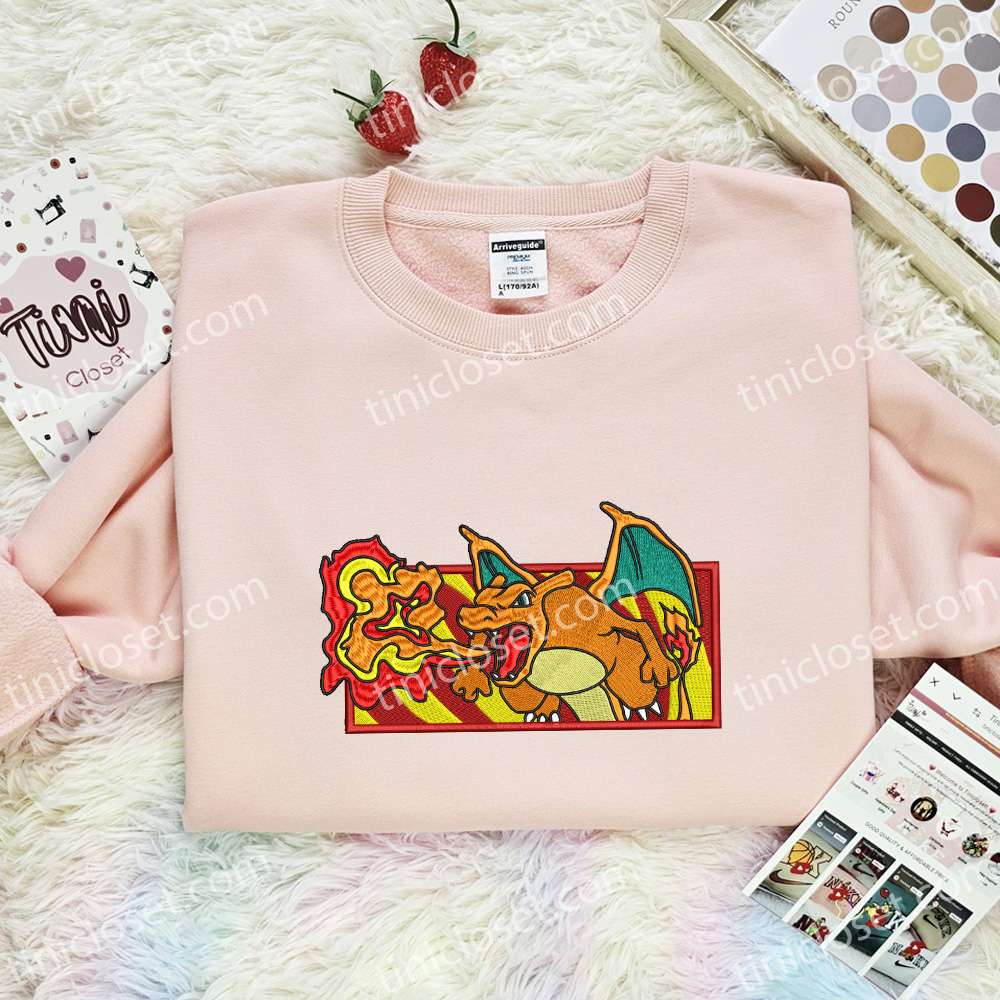 Charizard Embroidered Shirt, Pokemon Embroidered Hoodie, Anime Embroidered Sweatshirt
