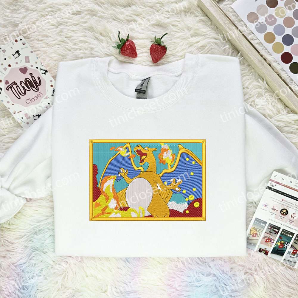 Charizard Embroidered Shirt, Pokemon Embroidered Hoodie, Anime Embroidered T-Shirt