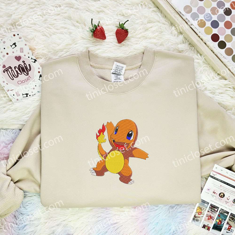 Charmander Embroidered Shirt, Pokemon Embroidered Hoodie, Anime Embroidered T-Shirt