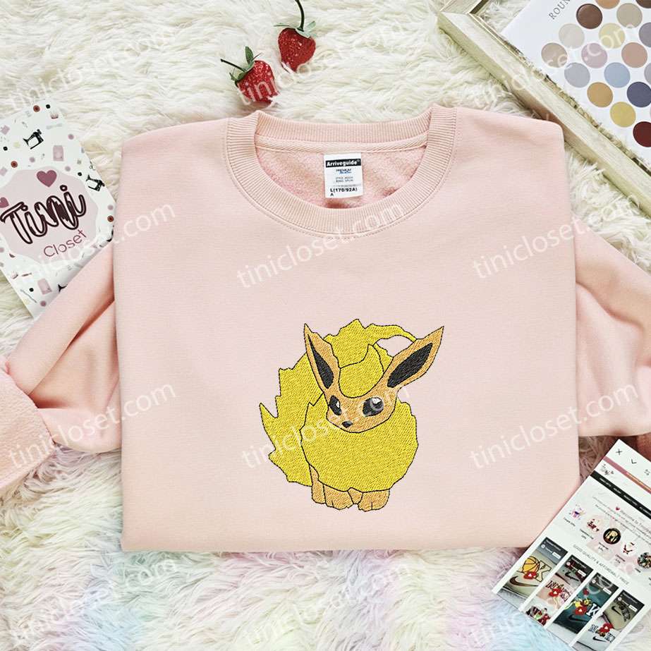 Flareon Embroidered Shirt, Pokemon Embroidered Hoodie, Anime Embroidered Sweatshirt