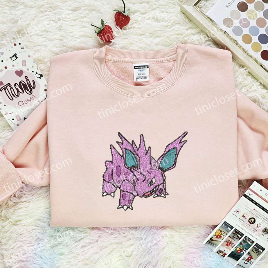 Nidorino Embroidered Shirt, Pokemon Embroidered Hoodie, Anime Embroidered Sweatshirt