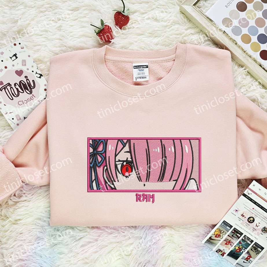 Ram Eyes Embroidered Shirt, Re Zero Embroidered Hoodie, Anime Embroidered Sweatshirt