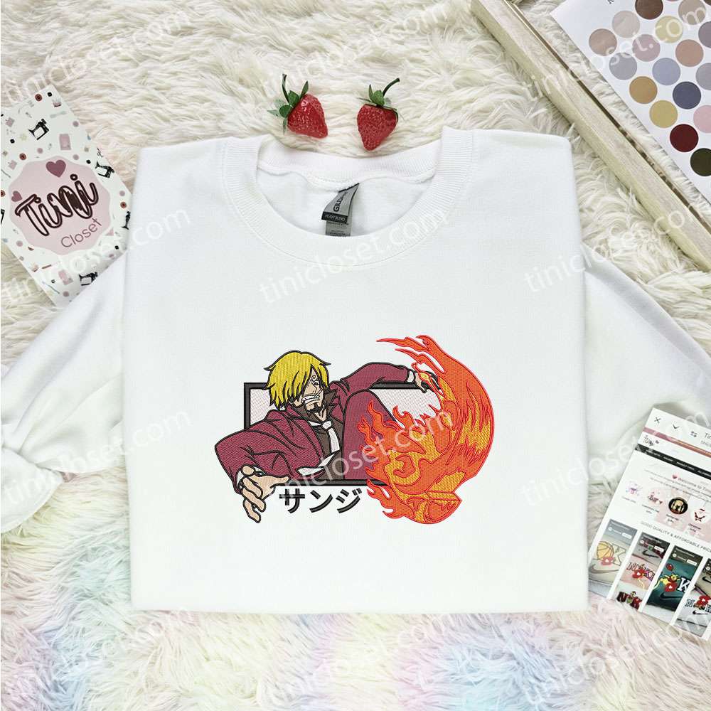 Sanji Fire Embroidered Shirt, One Piece Embroidered Hoodie, Anime Embroidered Sweatshirt