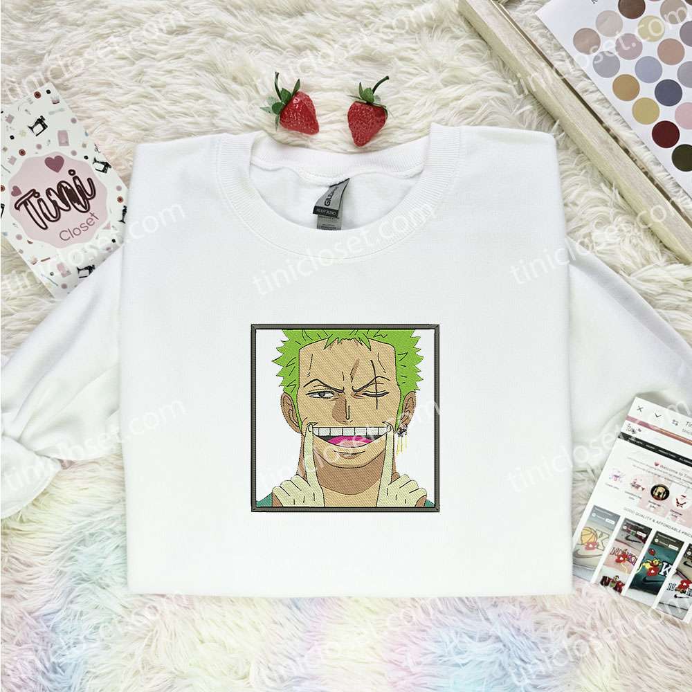 Zoro Smile Embroidered Shirt, One Piece Embroidered Hoodie, Anime Embroidered Sweatshirt