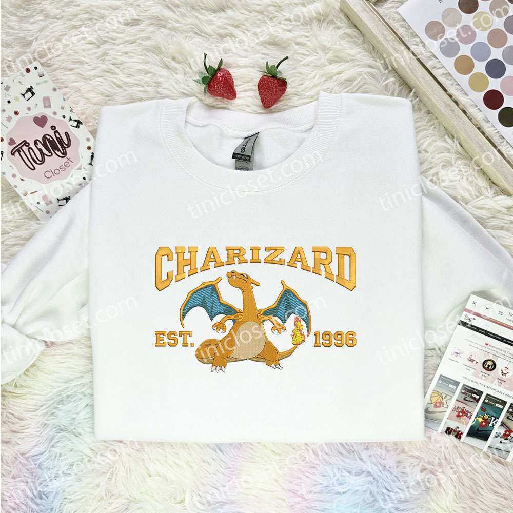 Charizard Embroidered Shirt, Pokemon Embroidered Hoodie, Anime Embroidered Sweatshirt