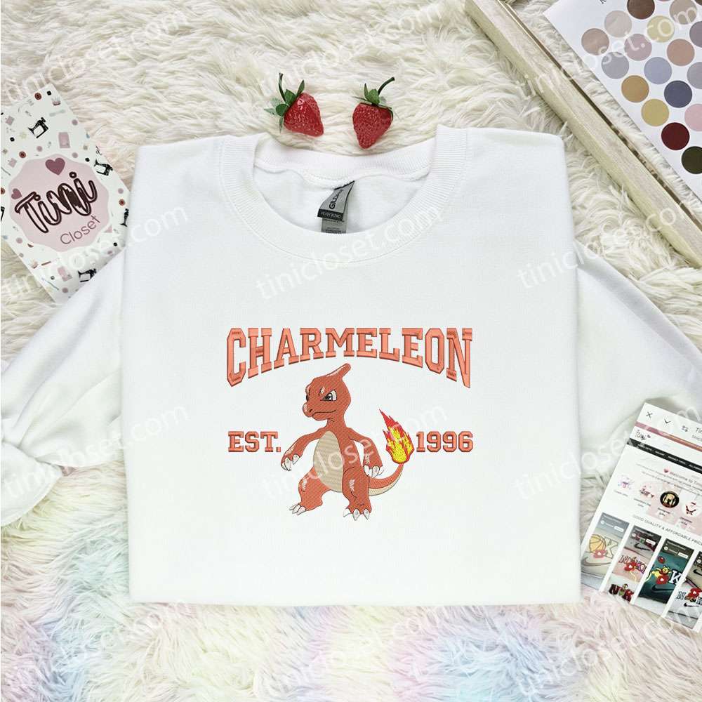 Charmeleon Embroidered Shirt, Pokemon Embroidered Hoodie, Anime Embroidered Sweatshirt