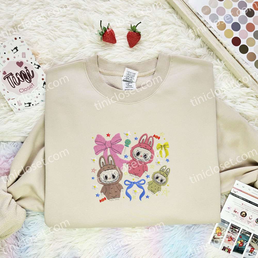 Labubu Coquette Bow Embroidered Shirt, Art Toy Embroidered Hoodie, Best Gift Idea
