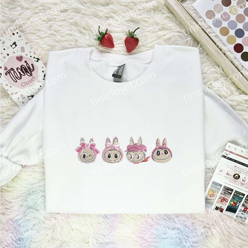 Labubu Pink Coquette Bow Embroidered Shirt, Birthday Embroidered Hoodie, Best Gift Idea