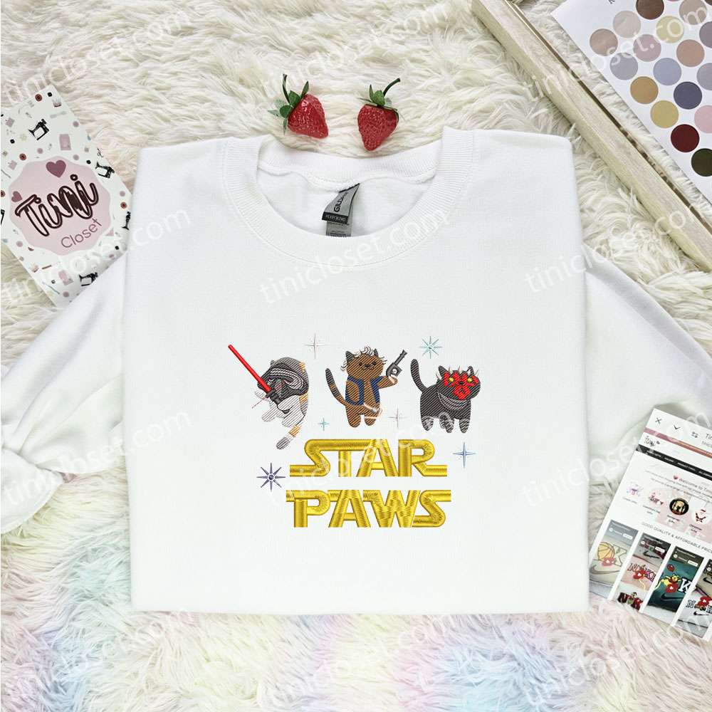 Star Paws Cats Embroidered Shirt, Cartoon Embroidered Hoodie, Best Gift Idea