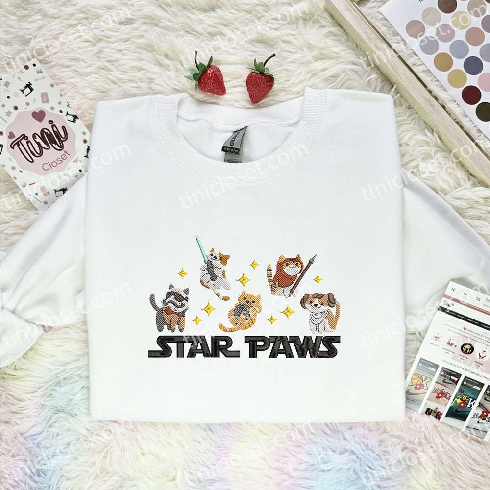 Star Paws Cats Embroidered Shirt, Cartoon Embroidered Hoodie, Best Gift Idea