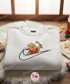 Embroidered Winnie The Pooh Holiday Sweatshirt, Cute Pooh Bear Candy Cane Crewneck, Cozy Gifts For Girlfriend